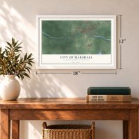 Marshall, Michigan map, 12 x 18 inch print in a white frame in an entryway
