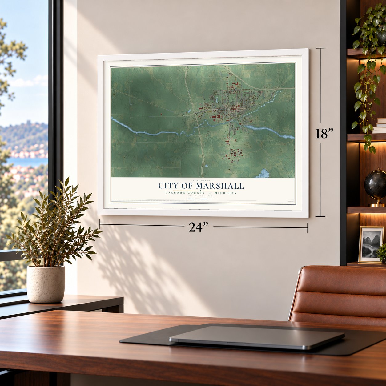 Marshall, Michigan map, 18 x 24 inch print in a white frame in a home office