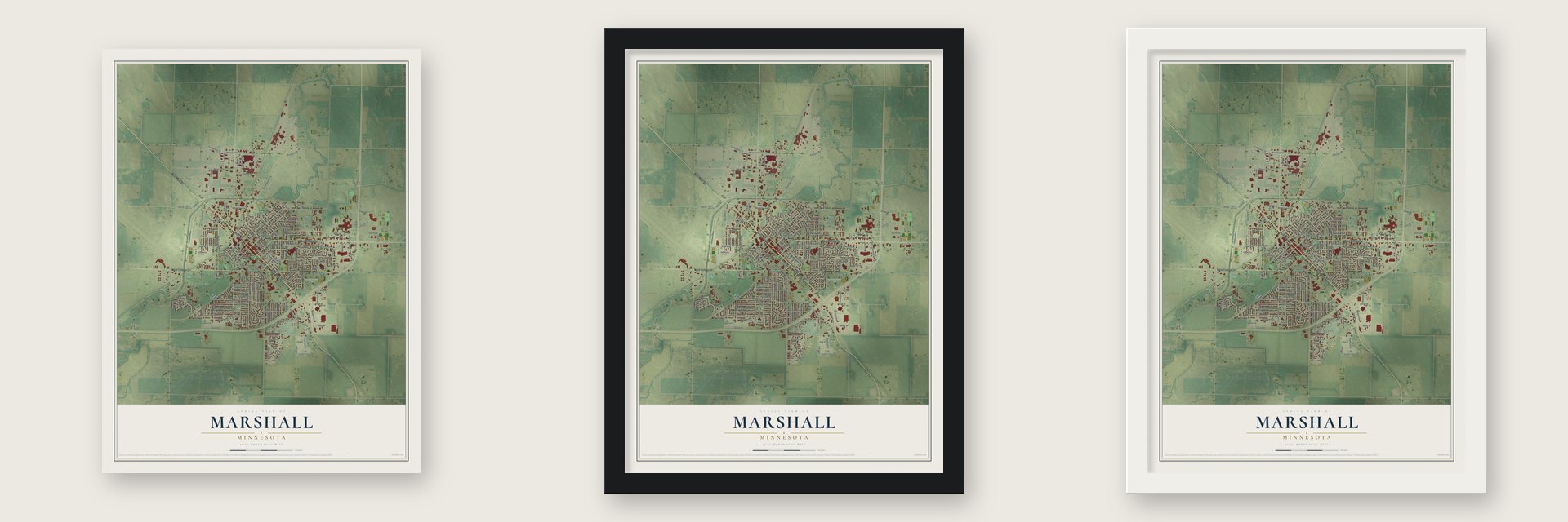 Marshall, Minnesota map unframed, in a black wood frame and in a white wood frame