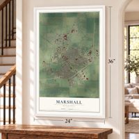Marshall, Minnesota map, 24 x 36 inch print in a white frame by a staircase