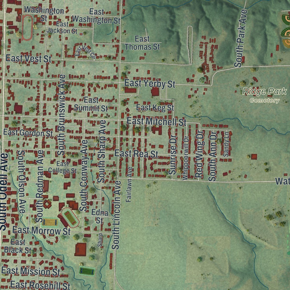 Second close-up of the map of Marshall, Missouri print showing more streets and buildings