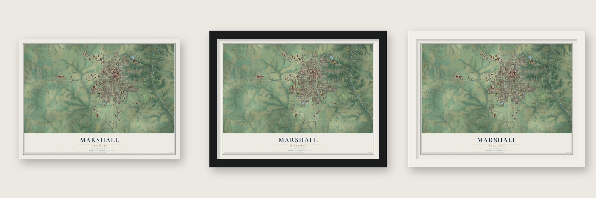 Marshall, Missouri map unframed, in a black wood frame and in a white wood frame