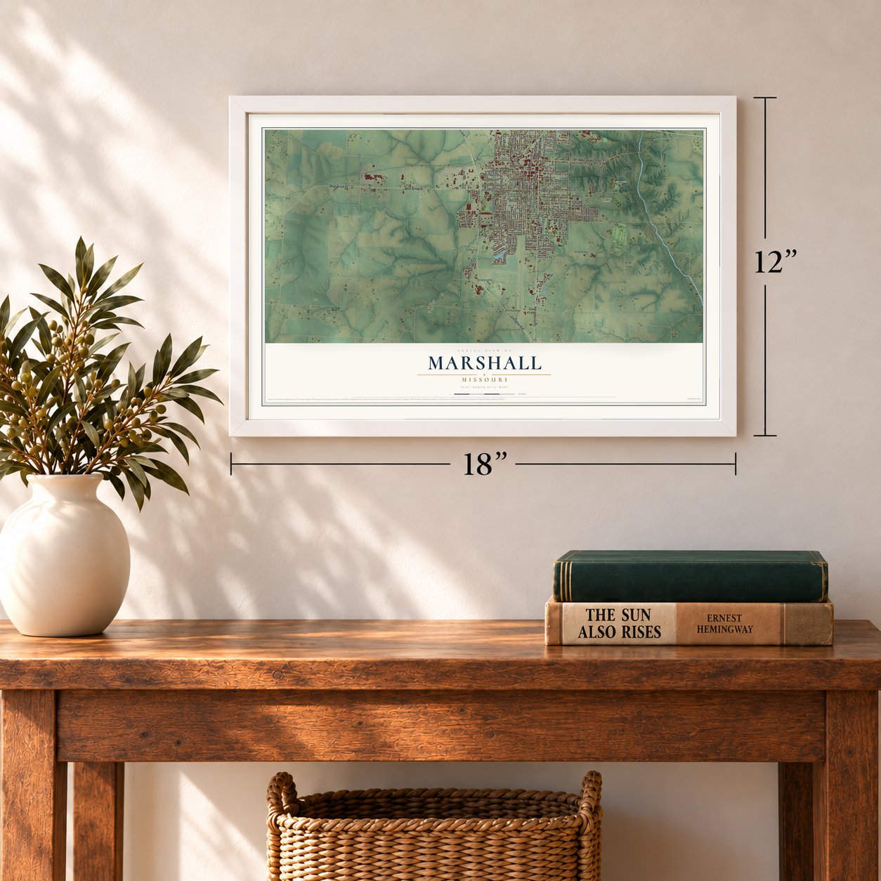 Marshall, Missouri map, 12 x 18 inch print in a white frame in an entryway