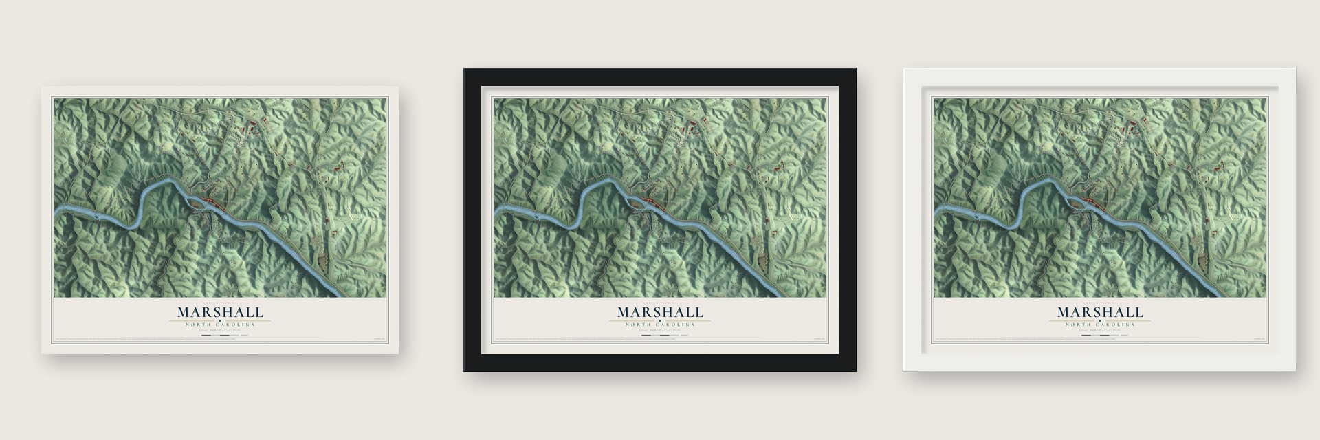 Marshall, North Carolina map unframed, in a black wood frame and in a white wood frame