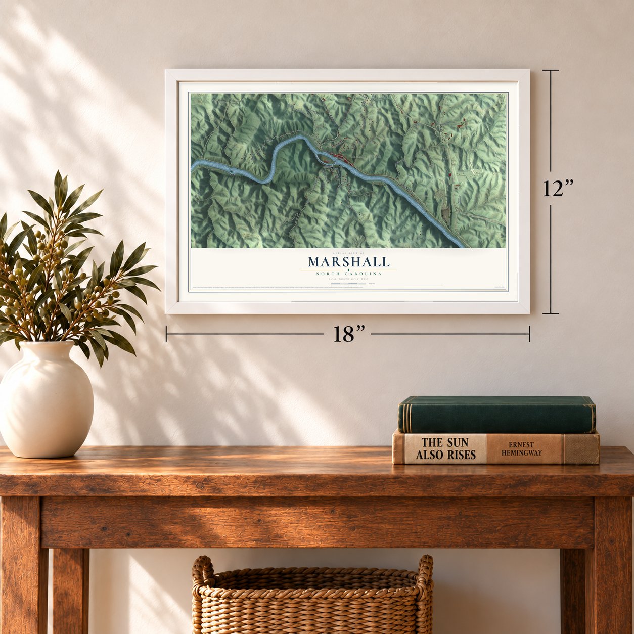 Marshall, North Carolina map, 12 x 18 inch print in a white frame in an entryway