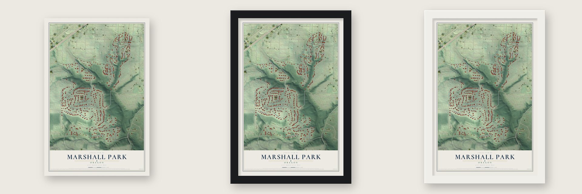 Marshall Park, Oregon map unframed, in a black wood frame and in a white wood frame