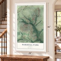 Marshall Park, Oregon map, 24 x 36 inch print in a white frame by a staircase