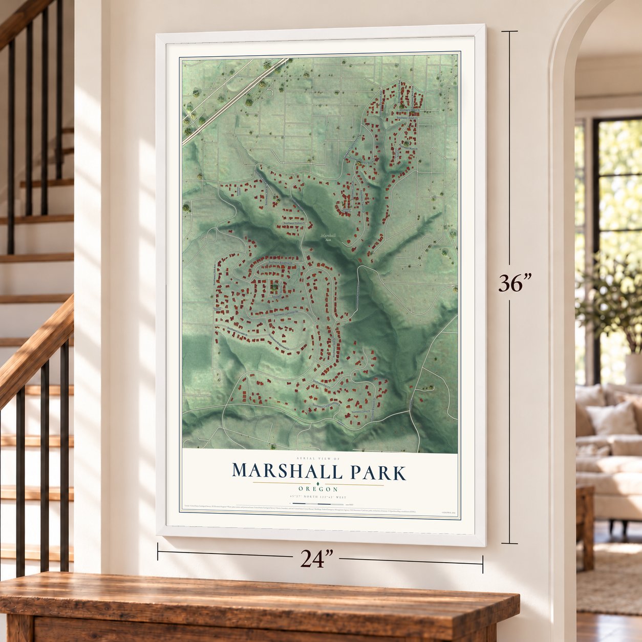 Marshall Park, Oregon map, 24 x 36 inch print in a white frame by a staircase