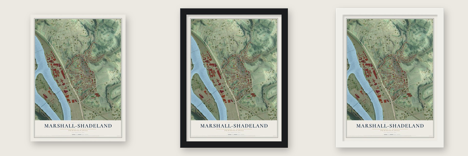 Marshall-Shadeland, Pennsylvania map unframed, in a black wood frame and in a white wood frame
