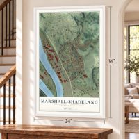 Marshall-Shadeland, Pennsylvania map, 24 x 36 inch print in a white frame by a staircase