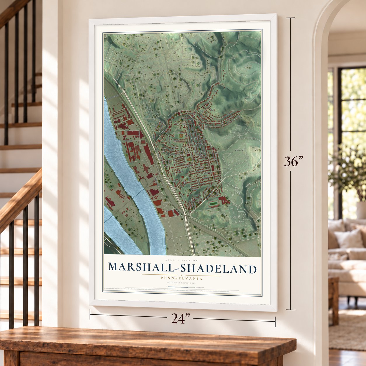 Marshall-Shadeland, Pennsylvania map, 24 x 36 inch print in a white frame by a staircase