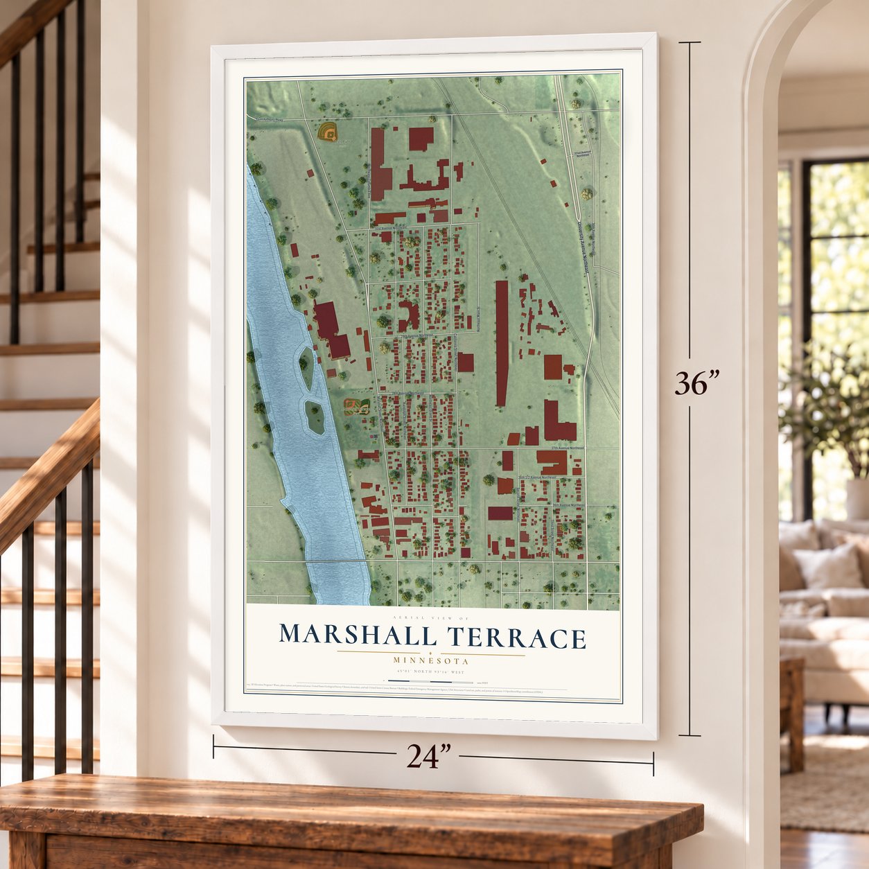 Marshall Terrace, Minnesota map, 24 x 36 inch print in a white frame by a staircase