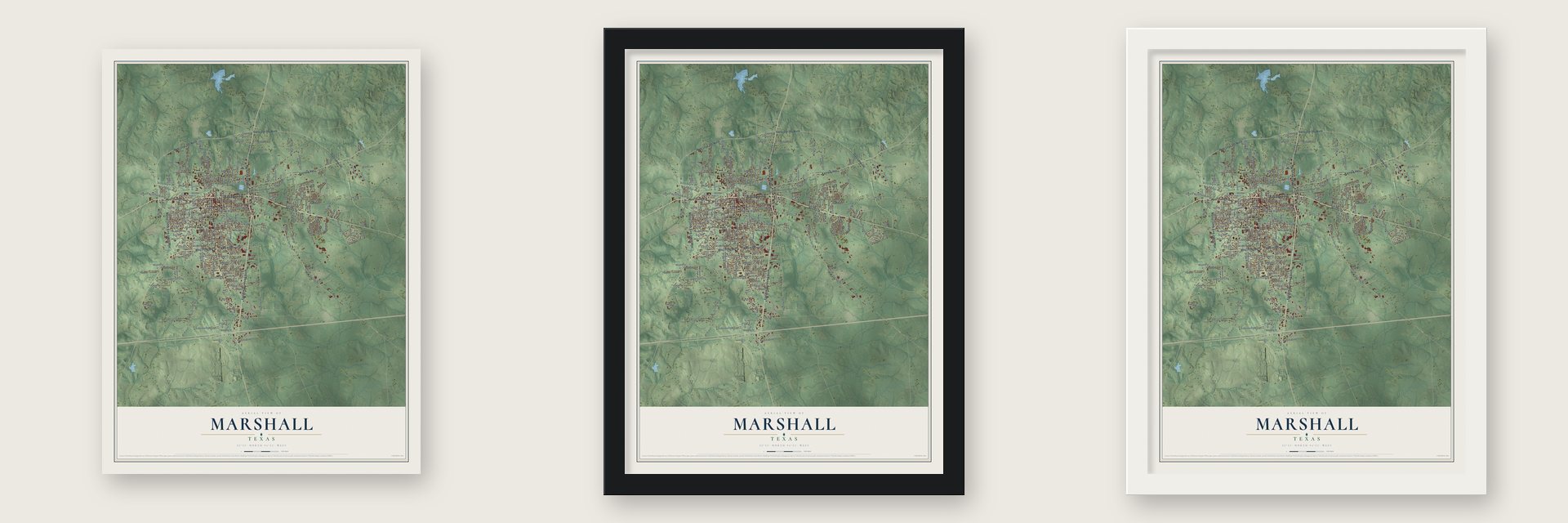Marshall, Texas map unframed, in a black wood frame and in a white wood frame