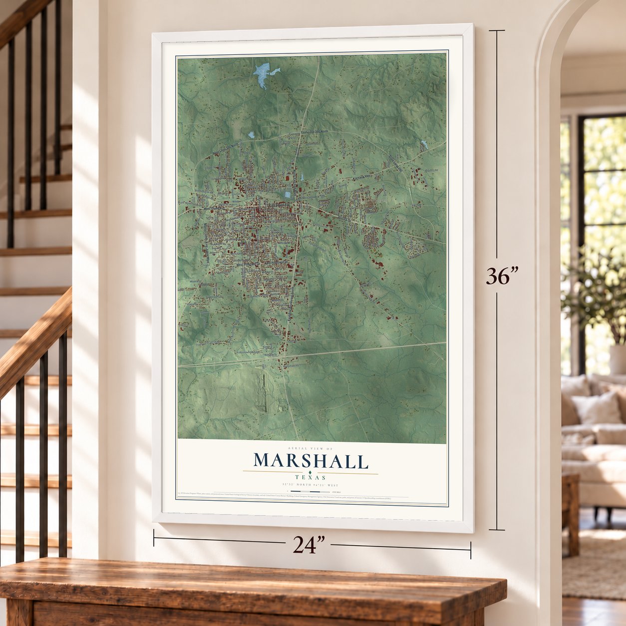 Marshall, Texas map, 24 x 36 inch print in a white frame by a staircase