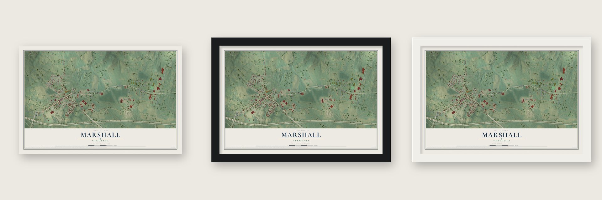Marshall, Virginia map unframed, in a black wood frame and in a white wood frame