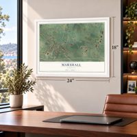 Marshall, Virginia map, 18 x 24 inch print in a white frame in a home office