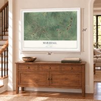 Marshall, Virginia map, 24 x 36 inch print in a white frame above a dresser by a staircase