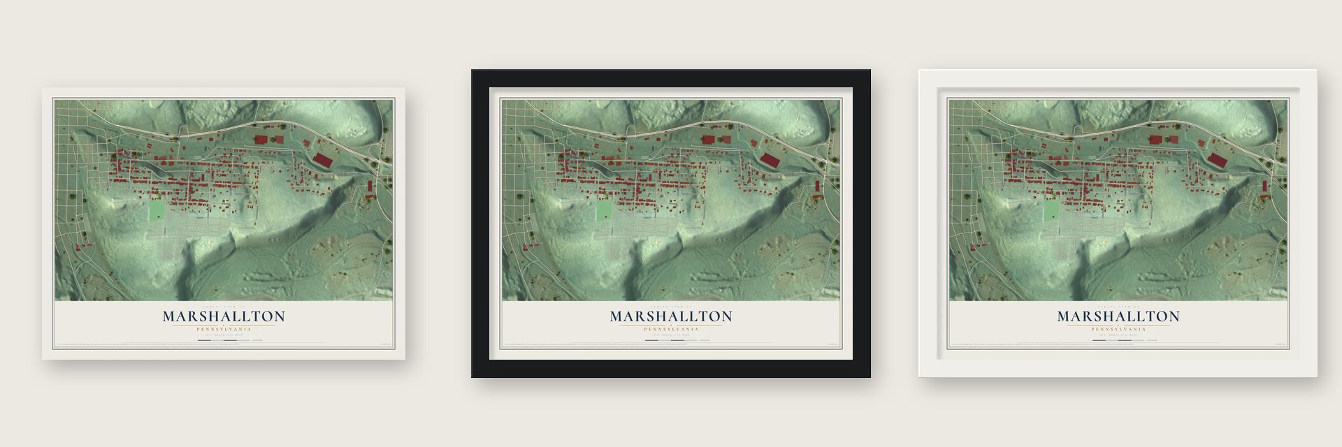Marshallton, Pennsylvania map unframed, in a black wood frame and in a white wood frame