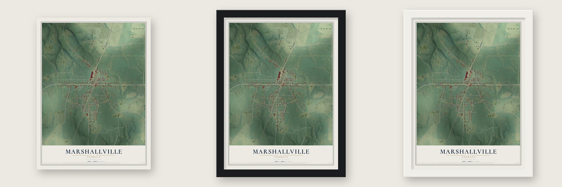 Marshallville, Georgia map unframed, in a black wood frame and in a white wood frame