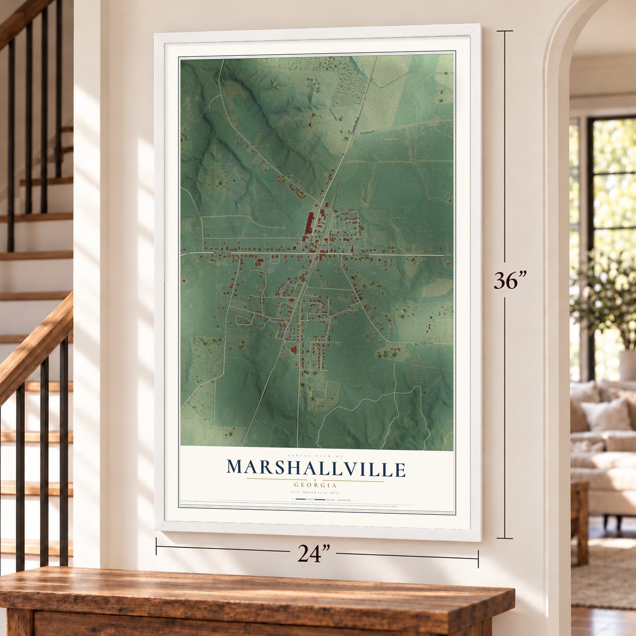 Marshallville, Georgia map, 24 x 36 inch print in a white frame by a staircase