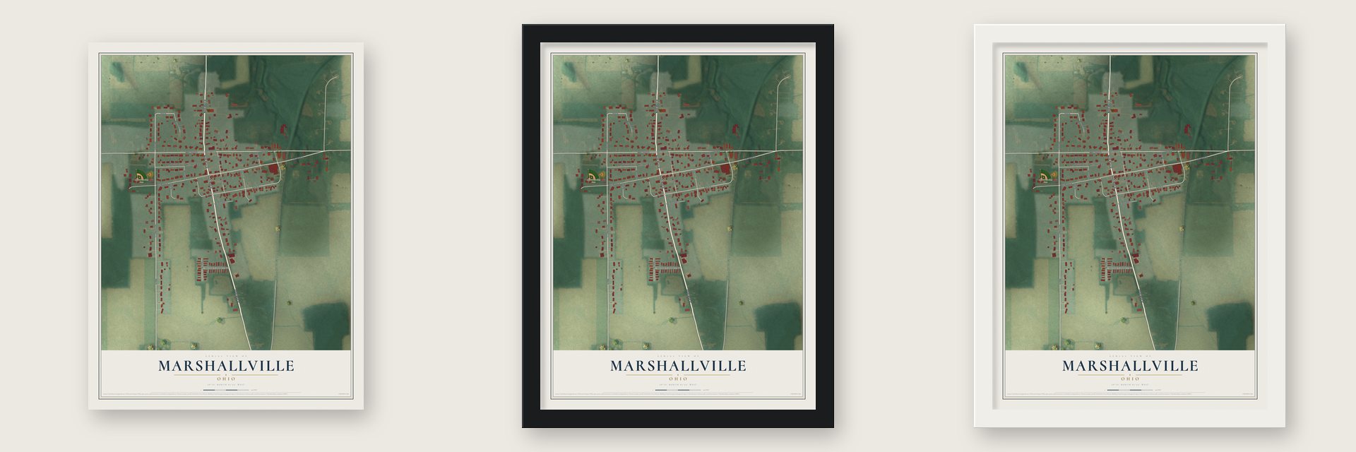 Marshallville, Ohio map unframed, in a black wood frame and in a white wood frame