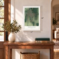 Marshallville, Ohio map, 12 x 18 inch print in a white frame in an entryway