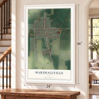 Marshallville, Ohio map, 24 x 36 inch print in a white frame by a staircase