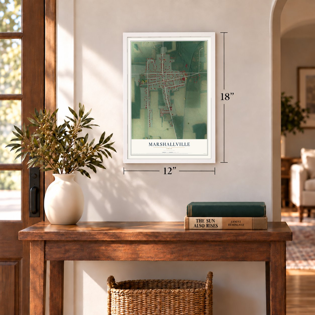 Marshallville, Ohio map, 12 x 18 inch print in a white frame in an entryway