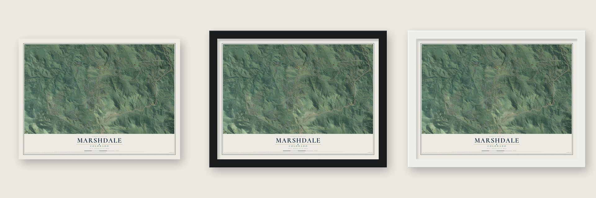 Marshdale, Colorado map unframed, in a black wood frame and in a white wood frame