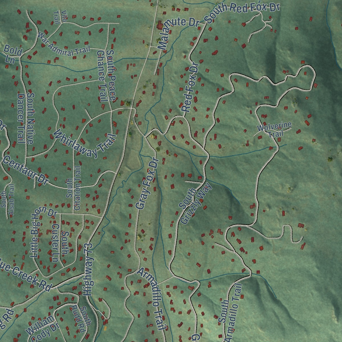 Second close-up of the map of Marshdale, Colorado print showing more streets and buildings
