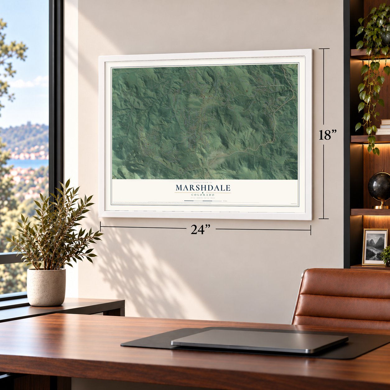 Marshdale, Colorado map, 18 x 24 inch print in a white frame in a home office