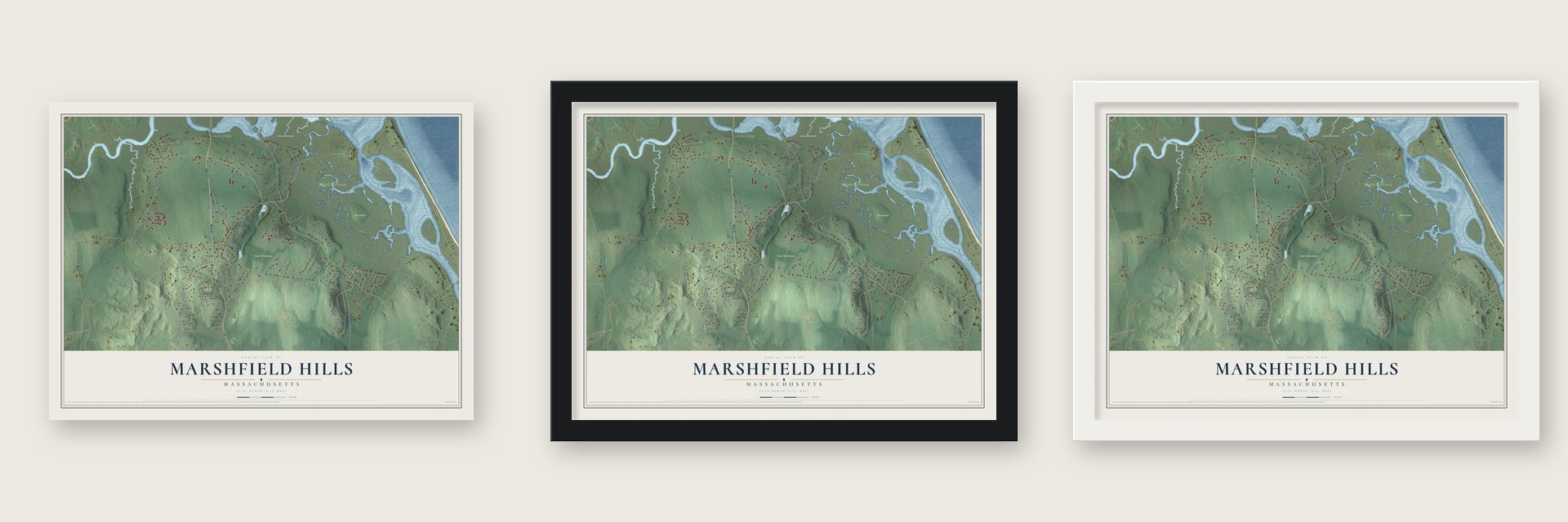 Marshfield Hills, Massachusetts map unframed, in a black wood frame and in a white wood frame