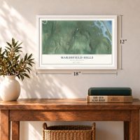 Marshfield Hills, Massachusetts map, 12 x 18 inch print in a white frame in an entryway