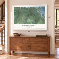 Marshfield Hills, Massachusetts map, 24 x 36 inch print in a white frame above a dresser by a staircase