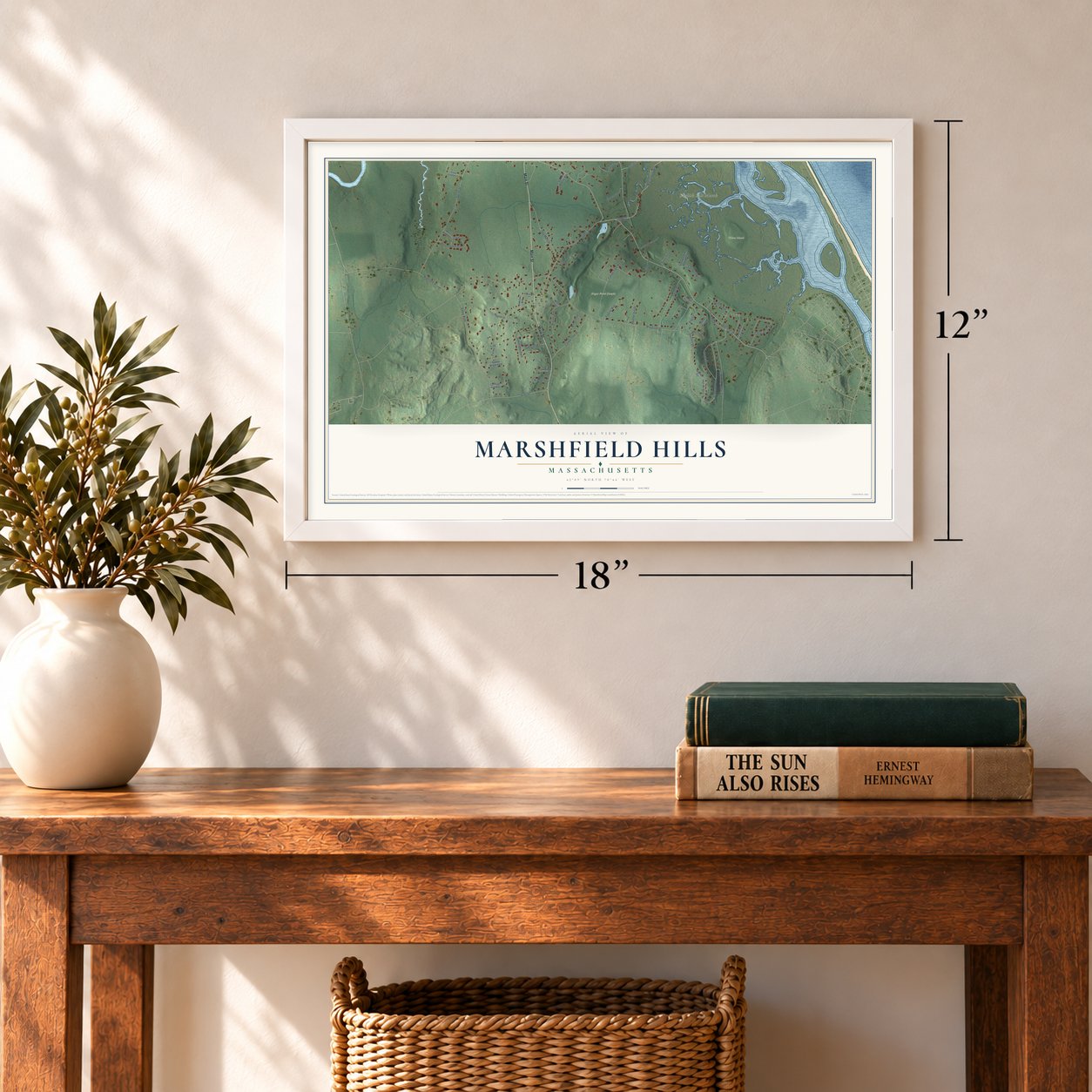Marshfield Hills, Massachusetts map, 12 x 18 inch print in a white frame in an entryway
