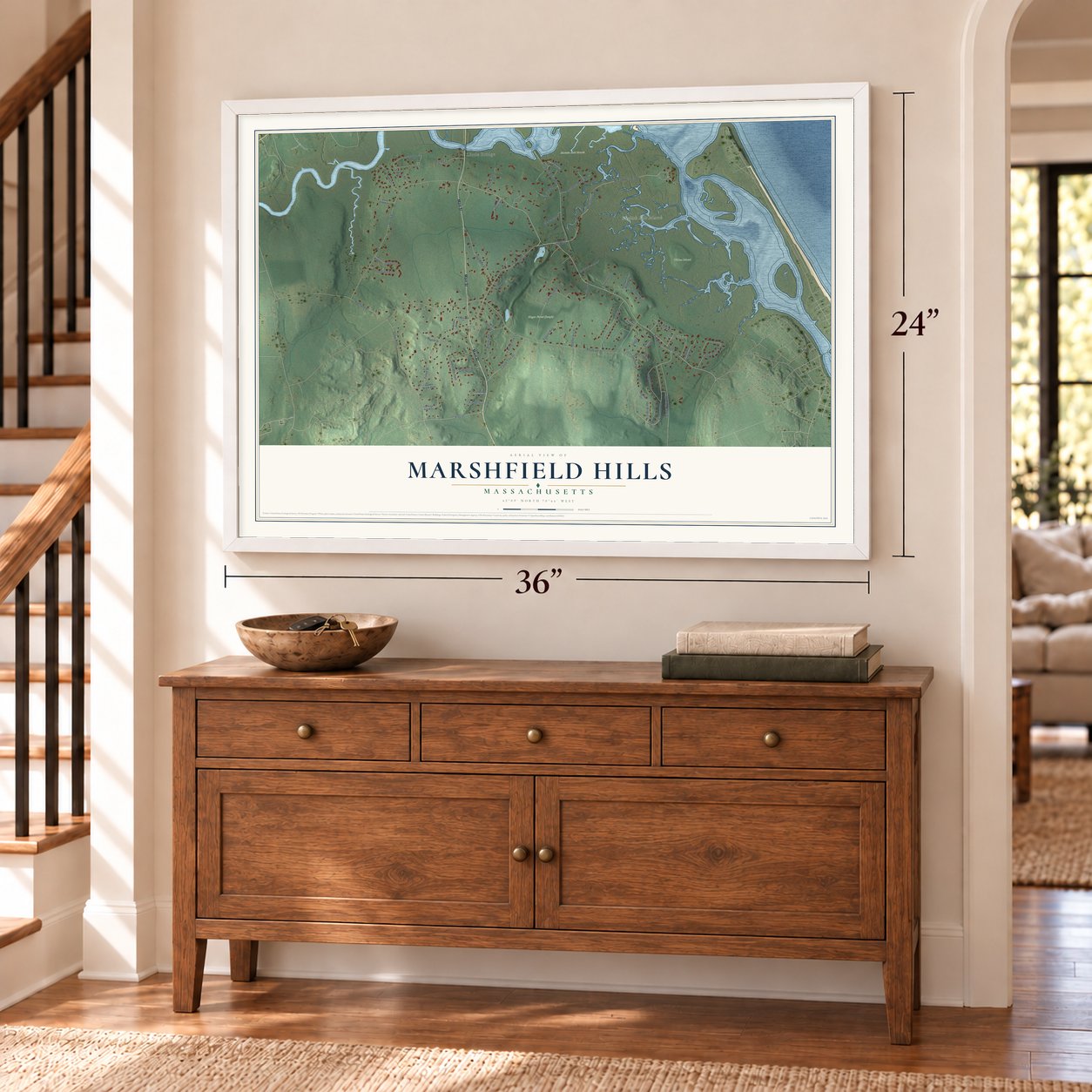 Marshfield Hills, Massachusetts map, 24 x 36 inch print in a white frame above a dresser by a staircase