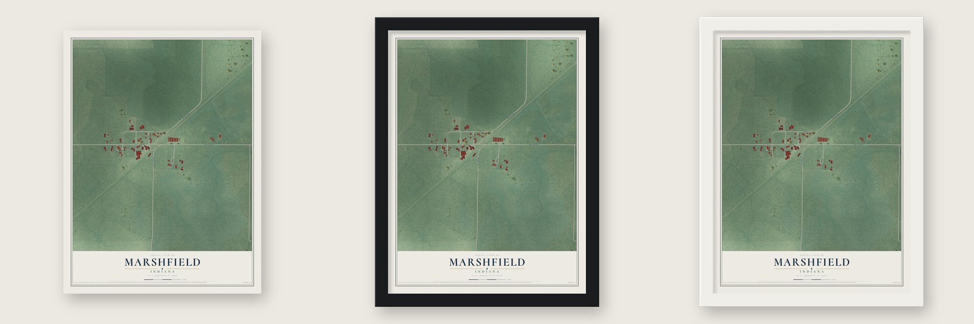 Marshfield, Indiana map unframed, in a black wood frame and in a white wood frame