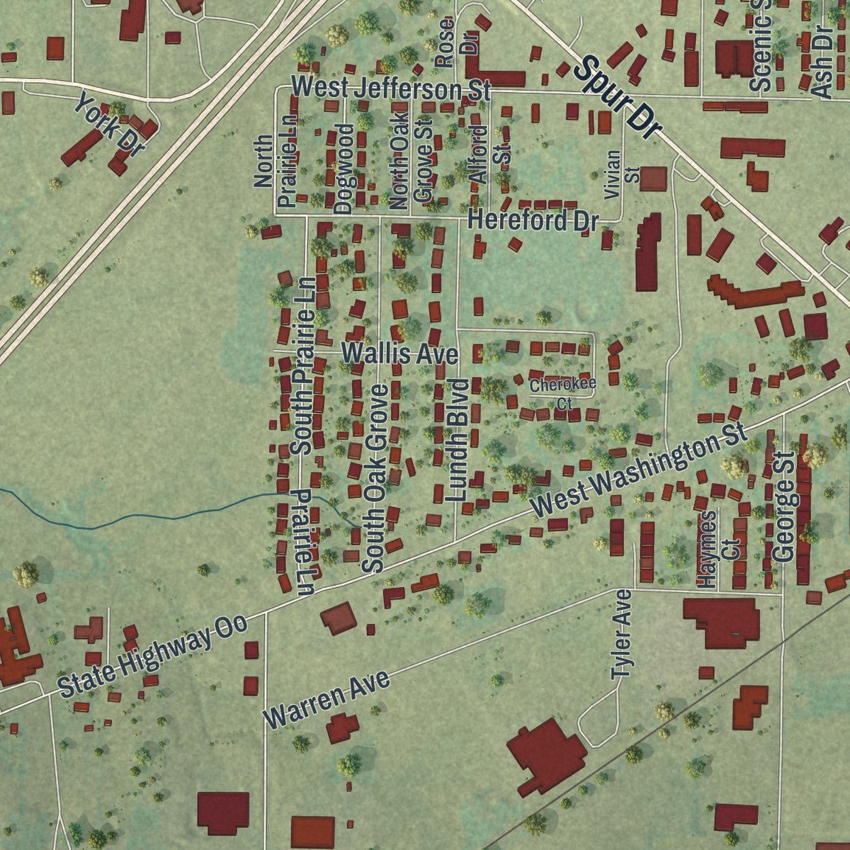 Second close-up of the map of Marshfield, Missouri print showing more streets and buildings