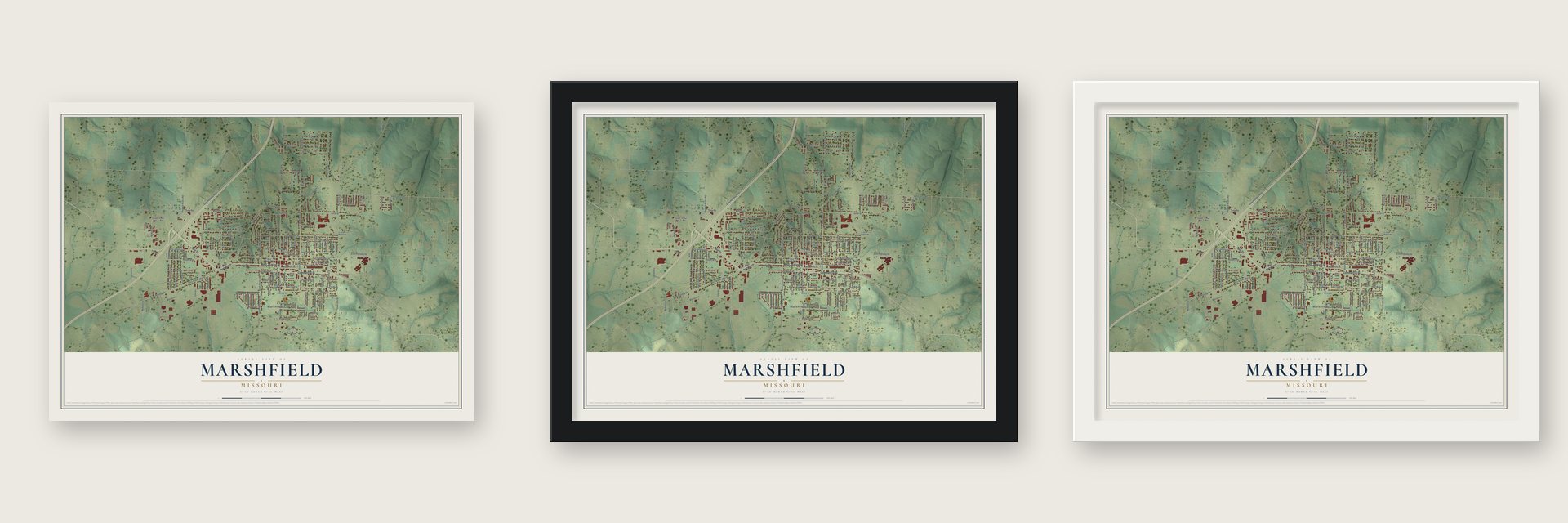 Marshfield, Missouri map unframed, in a black wood frame and in a white wood frame