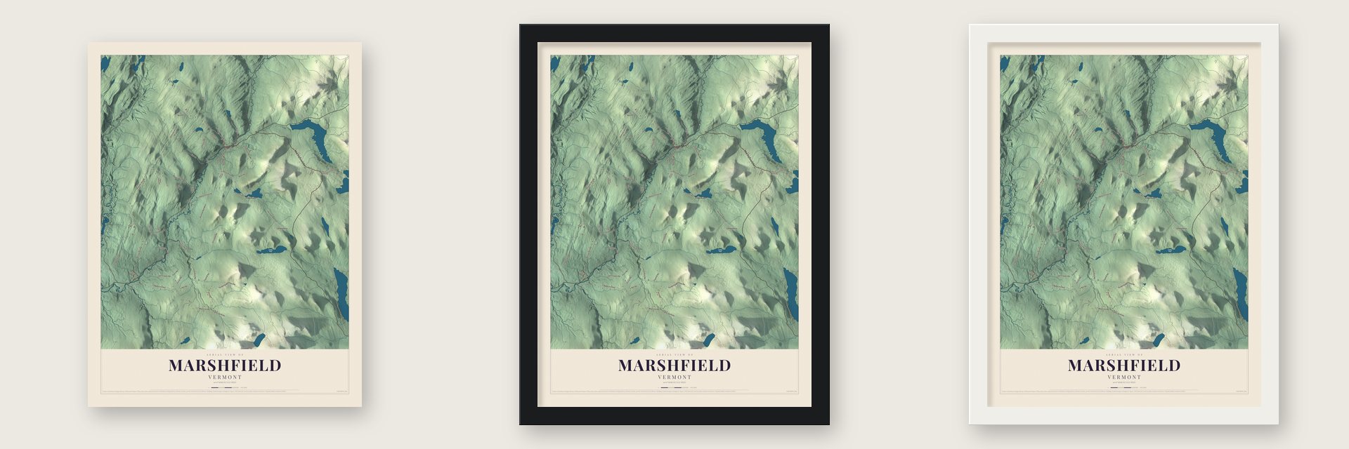 Marshfield, Vermont map unframed, in a black wood frame and in a white wood frame