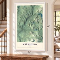 Marshfield, Vermont map, 24 x 36 inch print in a white frame by a staircase