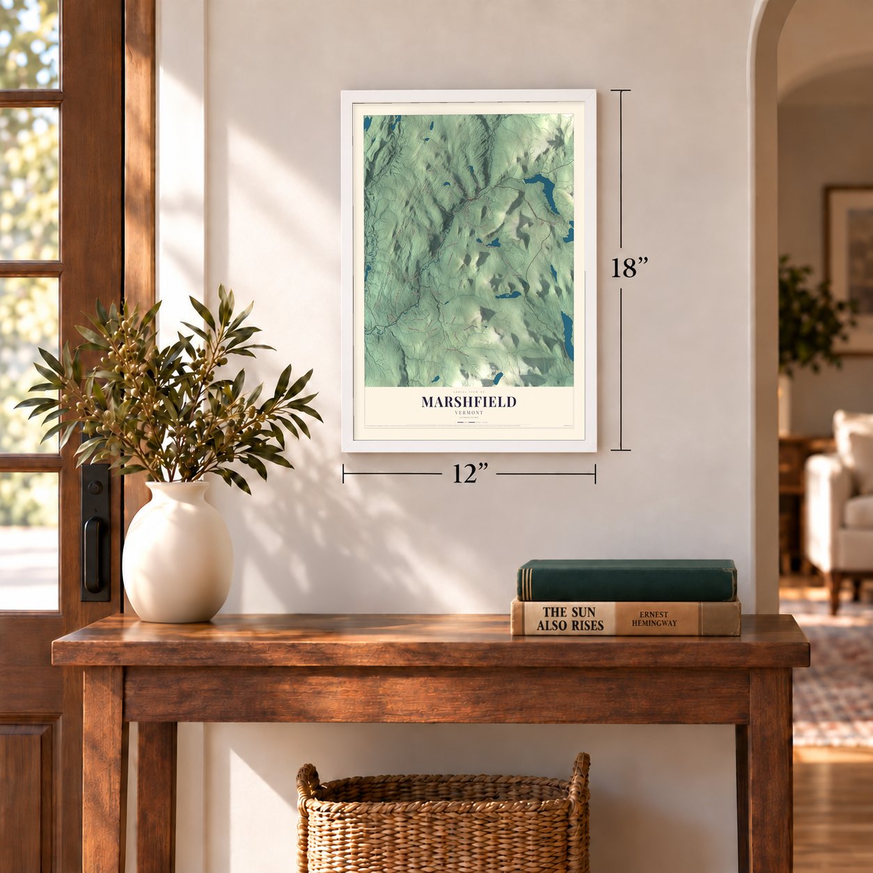 Marshfield, Vermont map, 12 x 18 inch print in a white frame in an entryway