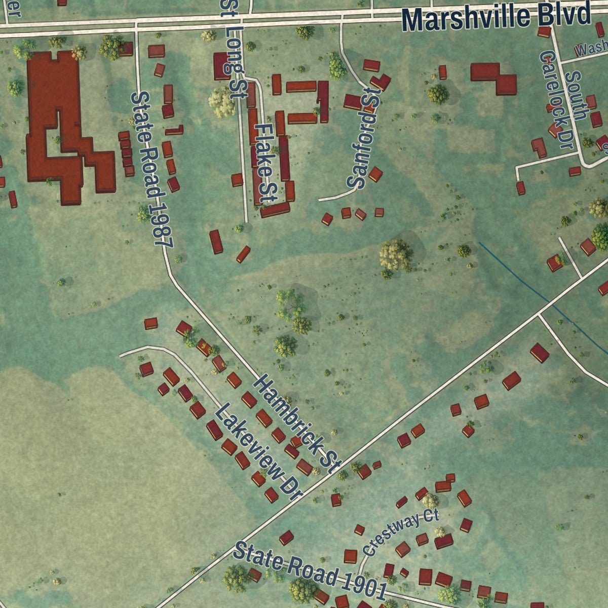 Second close-up of the map of Marshville, North Carolina print showing more streets and buildings
