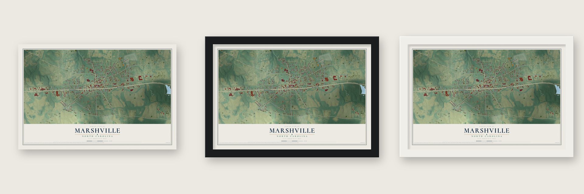 Marshville, North Carolina map unframed, in a black wood frame and in a white wood frame