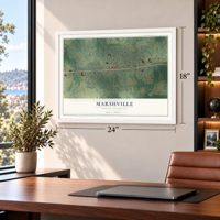 Marshville, North Carolina map, 18 x 24 inch print in a white frame in a home office