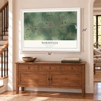 Marshville, North Carolina map, 24 x 36 inch print in a white frame above a dresser by a staircase