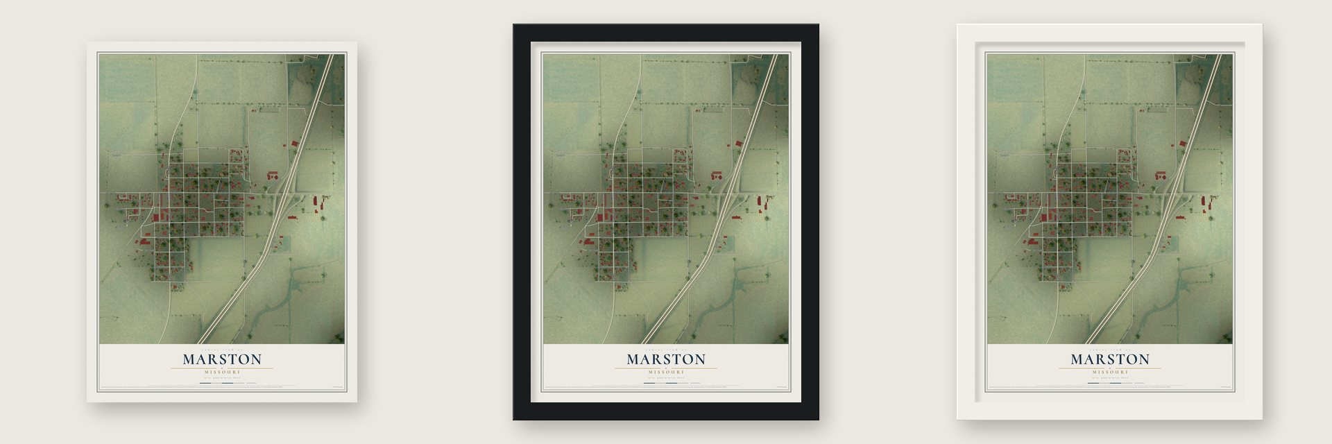 Marston, Missouri map unframed, in a black wood frame and in a white wood frame