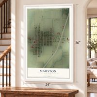 Marston, Missouri map, 24 x 36 inch print in a white frame by a staircase