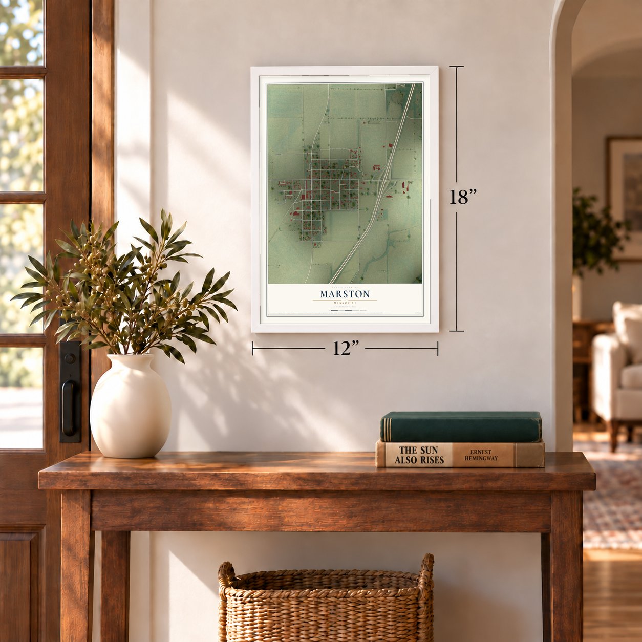 Marston, Missouri map, 12 x 18 inch print in a white frame in an entryway