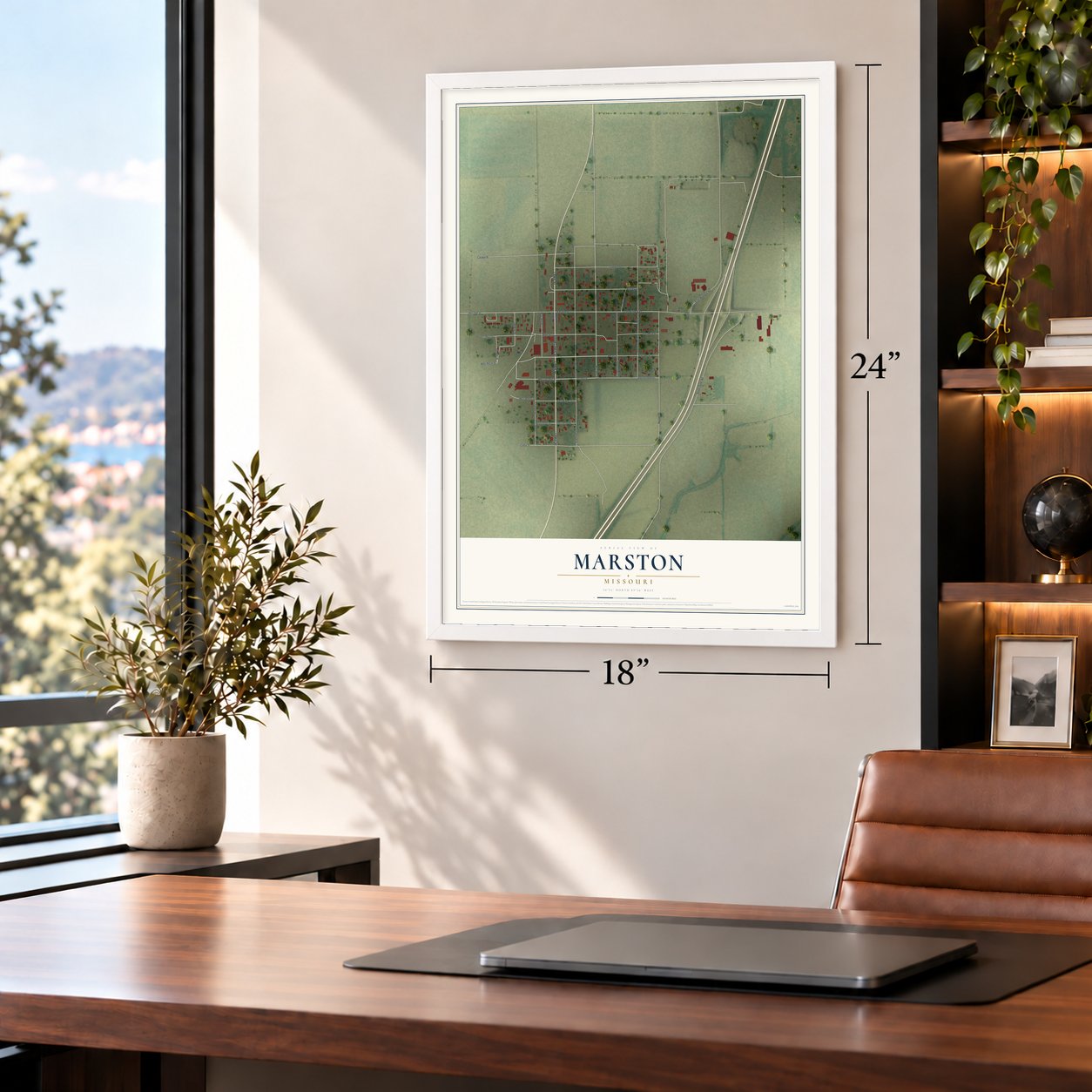 Marston, Missouri map, 18 x 24 inch print in a white frame in a home office